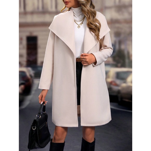 cream fold over Waterfall Collar Belted Overcoat peacoat pea coat - Picture 6 of 6